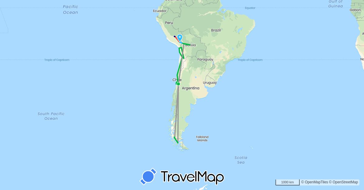TravelMap itinerary: driving, bus, plane, hiking, boat in Bolivia, Chile, Peru (South America)